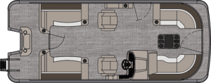 Top-down view of a Catalina Quad Lounger layout, featuring cushioned seating at the front, a central control console with a steering wheel and captain's chair, additional seats and a rectangular table in the central and rear sections, as well as an entrance at the rear.