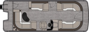 A top-down view of the layout of a Catalina Elite. The deck features multiple seating areas with cushioned benches along both sides and the front. A central control console with a steering wheel is positioned towards the rear, near a small step section. The boat has open entrances at the front and rear.