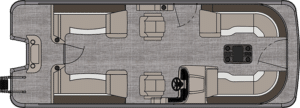 Top-down view of a Catalina Quad Lounger's layout featuring seating areas along both sides, a central aisle, and a control console with a steering wheel. The Catalina Quad Lounger has an open deck design with additional seating at the front and rear, and two entrances at the rear.