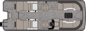 A detailed top-down view of a Catalina Rear Lounger layout. The boat features seating arrangements with cushioned benches along the sides, a central console with a steering wheel, and a small table at the front. The background is a textured grey surface.