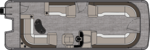 A top-down illustration of a Catalina Elite's layout featuring a central walkway. The boat has seating areas along the sides, with a driver's console positioned towards the bottom right. The deck is carpeted, and the seating areas have a beige color scheme.