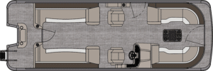Top-down view of a Catalina Quad Lounger layout with multiple seating areas. The boat includes a driver's console with a steering wheel situated near the rear, various bench seats along the sides, and a small table at the front. The boat floor is covered in a textured material.