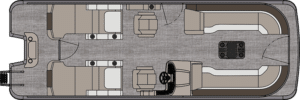 A top-down schematic of a Catalina Rear Lounger featuring various seating arrangements, a steering console, and an open deck area. The seats are positioned along the sides, at the front, center, and rear of the boat. The steering console is located towards the middle on the starboard side.