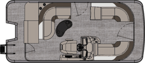 A top-down view of the LSZ Cruise pontoon boat layout reveals a plush seating arrangement around the edges. The boat includes a driver's console and chair positioned in the front right. In the center, there is a small rectangular table, and an entrance is visible on the bottom left.