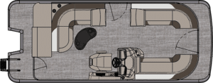 Top-down view of an LSZ Cruise layout. The boat features an L-shaped lounge at the top left and parallel seating along both sides. The helm, with a captain's chair, is positioned at the center-bottom. Entry gates are located at the front, rear, and side.