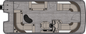 A top-down schematic view of a LSZ Elite's interior layout. The boat features seating areas on both sides and at the front, a captain's chair behind a control console near the middle, and a small additional seat or object behind the main console.