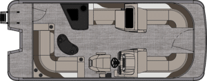 A top-down schematic of the LSZ Elite Windshield showing seating arrangements. The boat features two curved sofas on both sides at the front and a large bench-style seat at the back. A steering console with a captain's chair is located in the right-middle section.