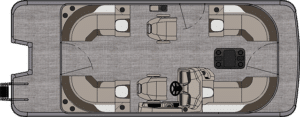Top-down illustration of an LSZ Quad Lounger layout featuring various seating areas. The front and back of the boat have semi-circle seating arrangements with two individual captain's chairs in the middle section. There is a steering console near the middle-right with a captain's chair.