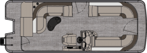 Top-down view of an LSZ Cruise's interior layout. The boat has two curved seating areas at the front and back, a captain's seat with a steering wheel in the middle, and an open area in the center for movement. There is detailing for controls near the captain’s seat.