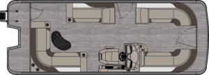 A top-down schematic of an LSZ Elite showing seating arrangements. The boat features U-shaped seating at both the front and back, with a helm station equipped with a captain's chair located slightly towards the front-right. The entrance appears at the front-left.