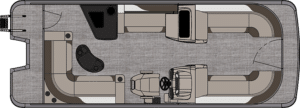 Illustrated overhead view of a boat layout with a central walkway. The LSZ Elite Windshield has curved seating areas on both the front and rear ends, a steering console with dual seats, and additional seating on the starboard side near the back. Gray color scheme throughout.