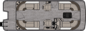 Top-down view of an LSZ Quad Lounger interior layout. The boat features two forward-facing seats at the front, two captain's chairs in the center, a steering console to the right, and a table flanked by benches at the rear. The floor is covered in grey carpet.