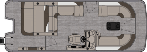 Diagram of a boat's top view layout. It features a steering console with a captain's chair in the lower center, cushioned seating along the sides, additional seating at the back, and various accessible compartments. The arrangement suggests an LSZ Versatile Rear Bench.