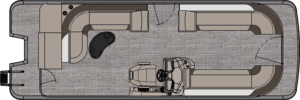 A top-down view of a boat's interior layout, featuring seating areas in a U-shape at the front and back, a central steering console with a captain's chair, and what appears to be storage compartments or small furnishings on the left side in the LSZ Cruise.