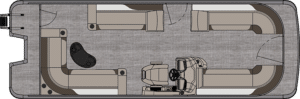 A top-down view of an LSZ Elite interior layout. It features two U-shaped seating areas at the front and back, a central access area, and a driver's station equipped with a steering wheel and a captain's chair located towards the front right.