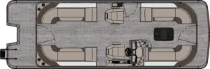 Top-down view of a boat layout. The LSZ Quad Lounger has multiple beige cushioned seats along the sides, a central captain's chair with a steering wheel at the lower right, and a table at the center. The deck appears to be carpeted in gray.