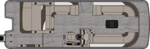 Top-down schematic of a LSZ Versatile Rear Bench. The layout includes lounge seating along the sides, a central open space, and a driver's console positioned in the middle. The rear of the boat shows an entry point.