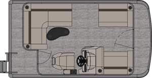 Top-down view of a Venture Cruise layout. The boat features seating along the left side and across the back, with a curved back corner seat and a small, rounded table. The control console and driver's seat are located on the right side, adjacent to a single passenger seat.