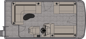 Top-down view of a Venture Cruise interior layout. The front section has the driver's seat and a passenger seat. The middle section contains a U-shaped seating area with a small table. At the back, there is additional seating and a fold-out bed. Steps lead outside.