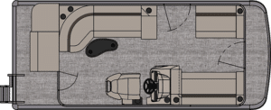 A simplified floor plan of a Venture Cruise. The layout shows a driver's seat with a steering wheel at the front, an L-shaped seating area on the left, and additional bench seating on the right and along the back. Access points are indicated at the rear.
