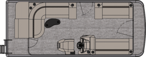 A top-down schematic view of a Venture Cruise's interior layout. It shows benches along the sides, a central captain's chair with a steering wheel, a control console, and an open deck area at the rear. The layout illustrates seating arrangements and pathways on the boat.