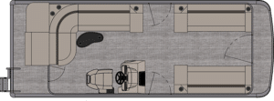 Top-down diagram of Venture Cruise layout featuring a steering console near the center, L-shaped seating on the left side, and two long bench seats along the right. There are entry points at the bottom and top right corners. The flooring is a textured gray color.