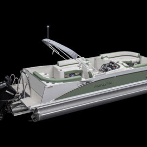 The Catalina Elite pontoon boat, featuring green and white seating, a steering console, and an outboard motor, is presented against a black background. The exterior boasts the "Avalon" brand logo and includes silver pontoons as well as a canopy frame.