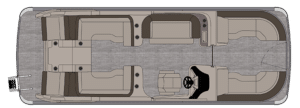 Top-down view of a Waketoon floor plan showcasing a symmetrical layout with seating on both sides, a central console with a steering wheel, and additional seating at the bow and stern. The deck is gray with tan upholstery.