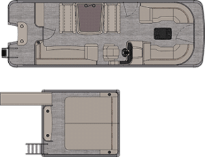 Top-down and side view of a Catalina Entertainer Funship layout. The boat features seating areas, a control station with a steering wheel, and additional seating around the perimeter. There is also an exterior platform with a ladder for water access at the rear.