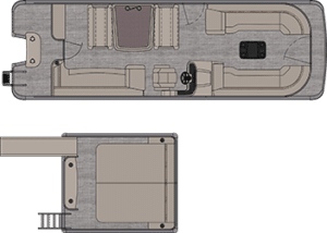 Top-down view of the floor plan of a Catalina Entertainer Funship. The image shows detailed seat placements, storage areas, a steering console, and an extending swim ladder at the rear. The boat has a spacious deck with arranged seating and a compact control area.
