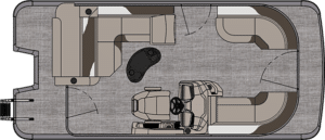 A schematic top-down view of an LSZ Cruise Rear Bench layout, showing cushioned seating areas on both sides with a central control console featuring a steering wheel and controls. The boat's interior has a minimalist design with beige and gray tones.