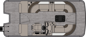 A top-down view of an LSZ Cruise II layout. It features front and rear seating areas with curved couches, a central control console with a captain's chair, and a small table in the middle. The deck is carpeted, and there is an open entry at the rear.