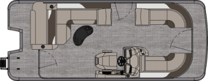 Top-down view of an LSZ Cruise Rear Bench layout featuring a central console with seating areas on both sides, including an L-shaped lounge on the left and U-shaped seating on the right. The boat layout also includes a steering console positioned towards the front.