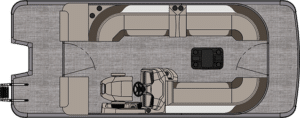 A top-down view of the LSZ Cruise II interior layout, showcasing a central console with a steering wheel and seating areas on both sides. Upholstered seats line the perimeter, with a table placed in the middle. The LSZ Cruise II appears to have a spacious and open design.