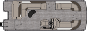 A top-down view of a boat's interior layout. The LSZ Cruise Rear Bench includes a central control console with a steering wheel and dual couches arranged around the perimeter. The interior is carpeted, and the space is designed for passenger seating and comfort.