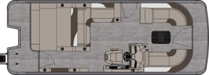 A top-down schematic of the LSZ Versatile Rear Lounger layout. The boat features a driver's seat with a steering wheel, a large seating area at the front, additional seating at the back, and a compact central area with a small table. The flooring is shown in a grey color.