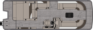 Top-down diagram of an LSZ Versatile Rear Lounger interior layout. The design includes a central driver's seat with a steering wheel towards the front, surrounded by ample seating and storage areas. The back of the boat has additional bench seating and an open space.