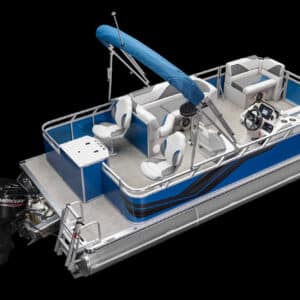A blue and white Venture Rear Fish pontoon boat with a canopy, seating areas, and a steering console. The boat has a black Mercury outboard motor and metallic railings. The image is captured against a black background.