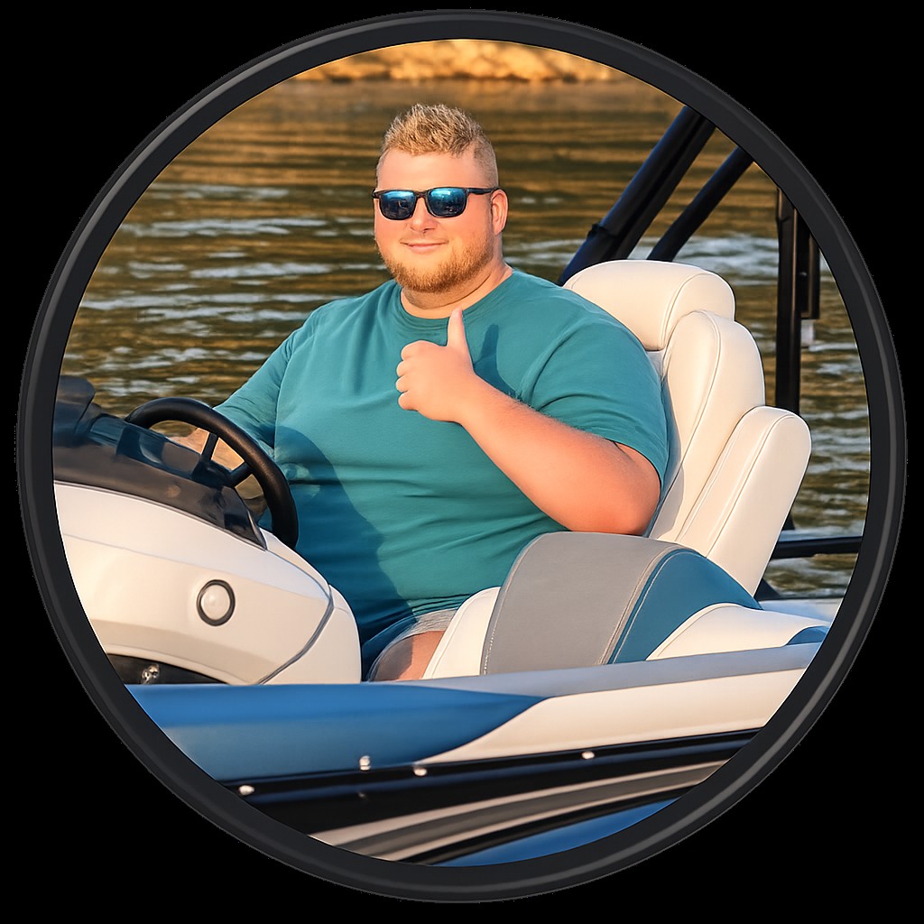 A person with short hair and sunglasses smiles and gives a thumbs-up while sitting at the helm of a boat on a sunny day. The background shows calm water and a distant shoreline.
