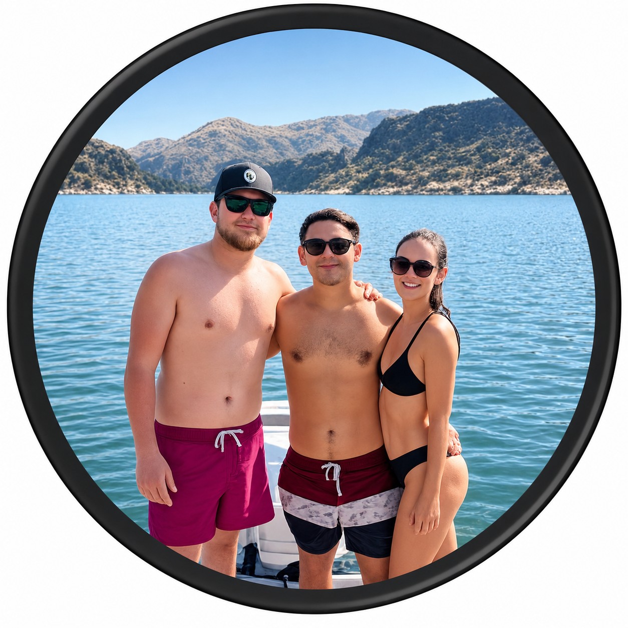 Three people are standing close together on a boat, with a lake and mountainous landscape in the background. Two men are on the left, both shirtless and wearing swim trunks, while a woman in a bikini is on the right. All of them appear to be smiling.