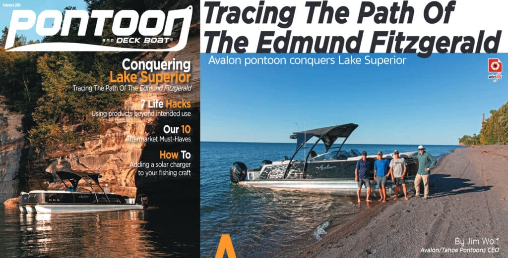 Cover of "Pontoon & Deck Boat" magazine featuring a pontoon boat on the shore of Lake Superior. Top text includes article titles about the Edmund Fitzgerald, life hacks, and fishing. Main headline reads, "Avalon pontoon conquers Lake Superior.