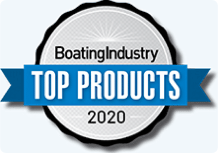 A badge with a blue background and a silver circle featuring the text "Boating Industry TOP PRODUCTS 2020" in the center. A blue ribbon-like banner displays "TOP PRODUCTS" prominently.