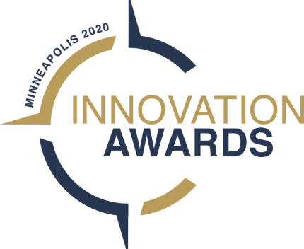 A circular logo with the text "MINNEAPOLIS 2020" on the left and "INNOVATION AWARDS" in the center. The design includes gold and navy blue elements forming an abstract circular shape around the text.
