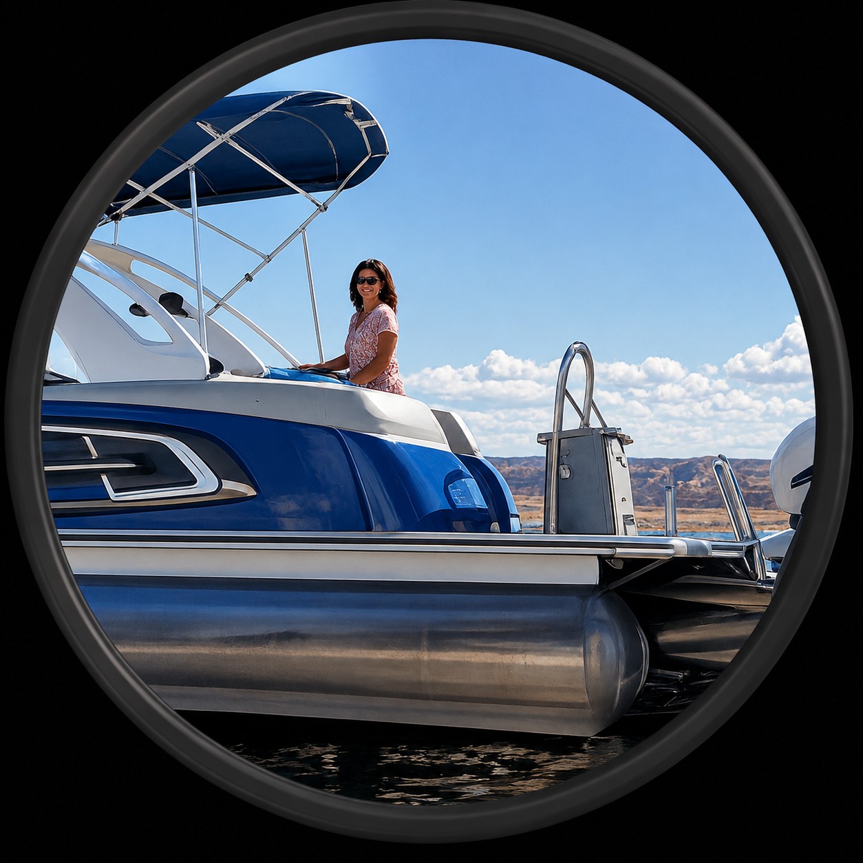 A woman stands on a blue and white pontoon boat, seen through a circular frame, with calm water and distant hills under a partly cloudy sky in the background.