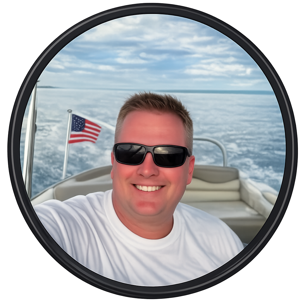 A man in sunglasses and a white shirt smiles while sitting on a boat. The American flag is visible behind him with water and a partly cloudy sky in the background.