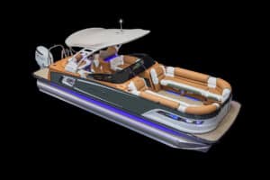 A luxury pontoon boat with an elegant design is shown on a black background. The boat features spacious, cushioned seating in tan and white, a sleek white canopy, and blue LED lighting along the interior and exterior. An outboard motor is attached at the rear.