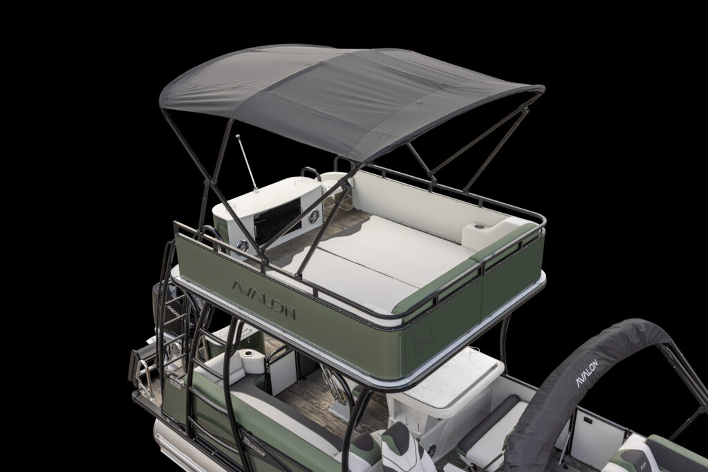 A pontoon boat with a green and white color scheme, featuring an upper deck with seating and a sunshade canopy, and a lower deck with seating and helm, set against a black background.
