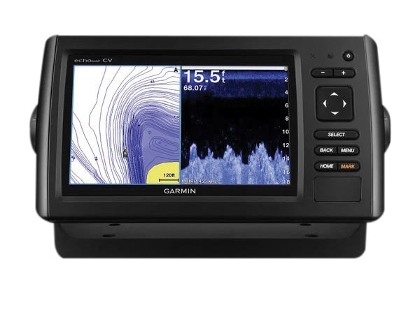 A Garmin fishfinder device with a color screen displaying sonar imaging and fish location data. The device has several buttons on the right side for navigation and settings, and the screen shows depth, temperature, and underwater structures.