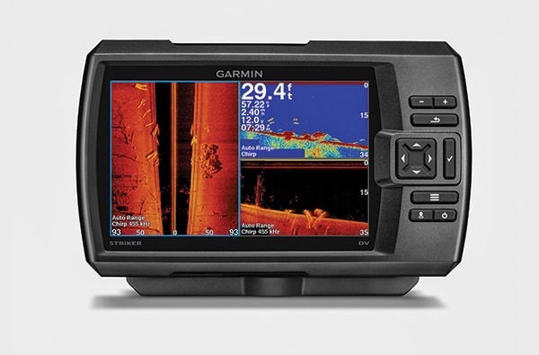 A Garmin Striker DV fishfinder with a colorful display showing underwater structures and fish. The device has navigation buttons on the right side and a rugged black casing. The screen shows detailed sonar images and numerical data in various colors.