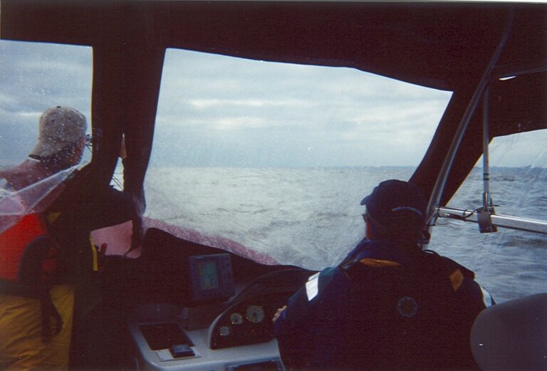 Two people navigating a boat on a choppy sea. One person is steering while the other is standing and looking out, possibly taking a photo. The sky is overcast, and the boat's dashboard with navigation instruments is visible in the foreground.